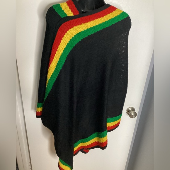 Elegant Black Rasta Poncho with Colorful Stripes - Picture 10 of 14